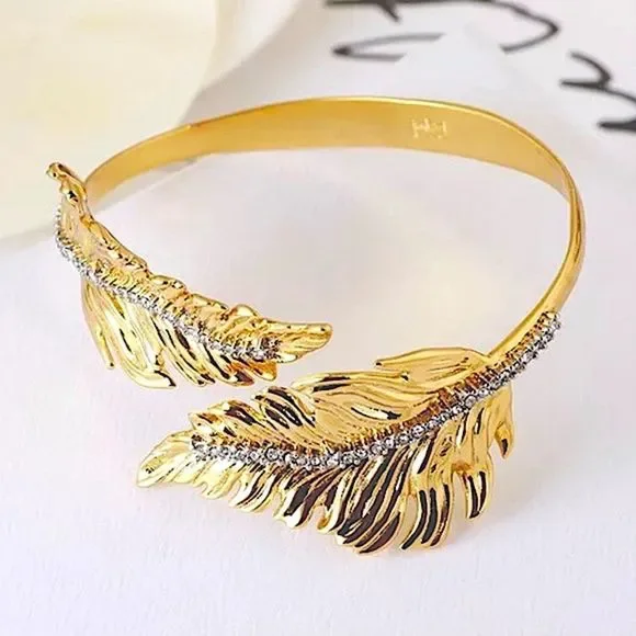 ALEXIS BITTAR Bypass Crystal Gold Leaf Cuff Bangle in Gold - Adjustable - Picture 1 of 9